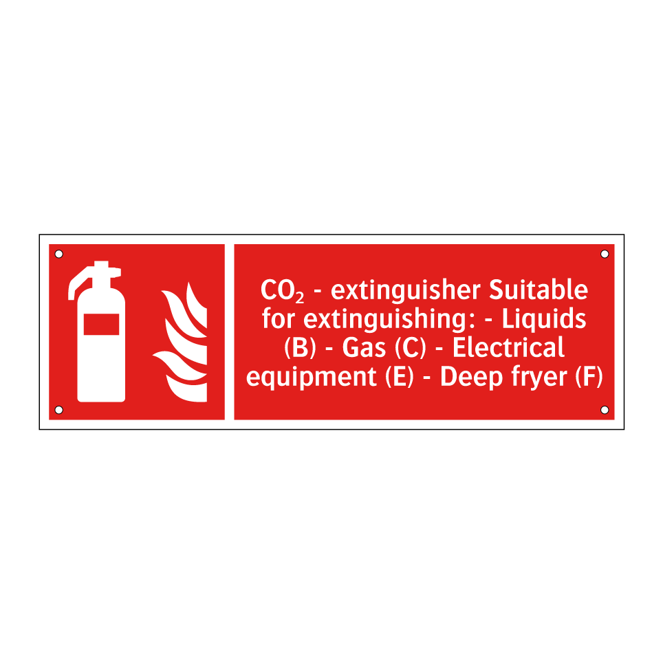 CO₂ - extinguisher Suitable for extinguishing: - Liquids (B) - Gas (C) - Electrical equipment (E) - Deep fryer (F)