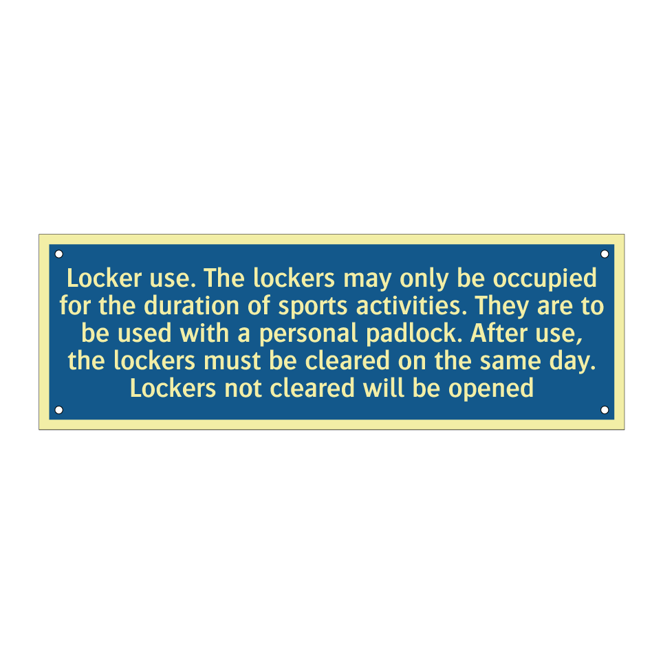 Locker use. The lockers may only be occupied for the duration of sports activities. They are to be used with a personal padlock. After use, the lockers must be cleared on the same day. Lockers not cleared will be opened