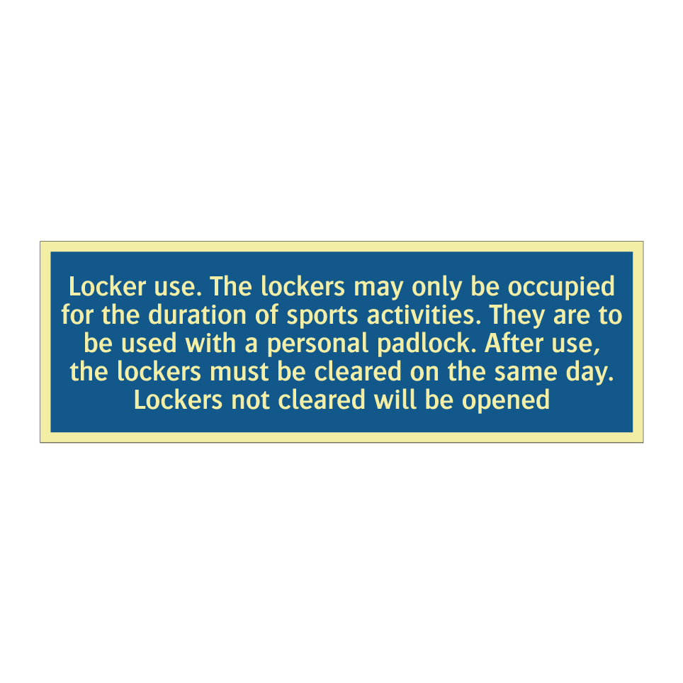 Locker use. The lockers may only be occupied for the duration of sports activities. They are to be used with a personal padlock. After use, the lockers must be cleared on the same day. Lockers not cleared will be opened