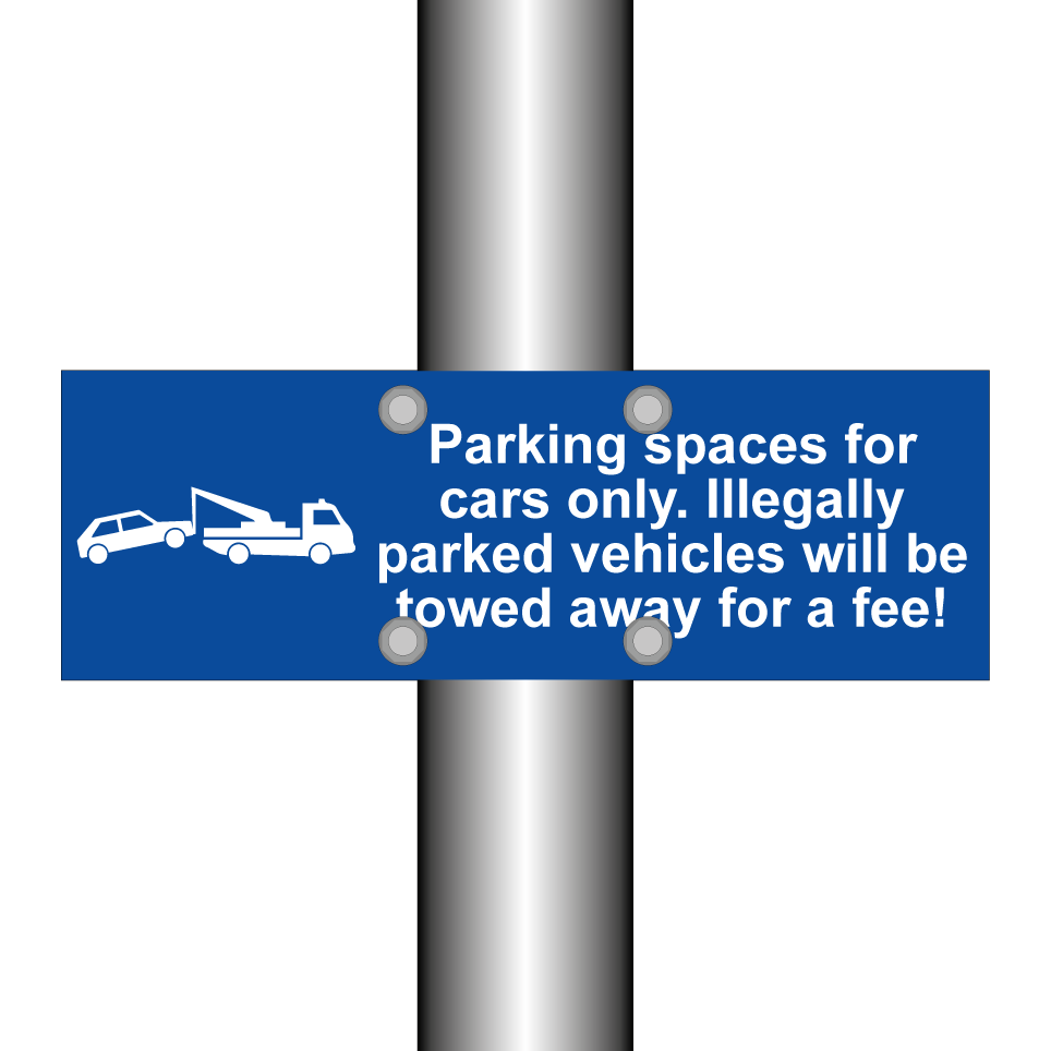 Parking spaces for cars only. Illegally parked vehicles will be towed away for a fee!