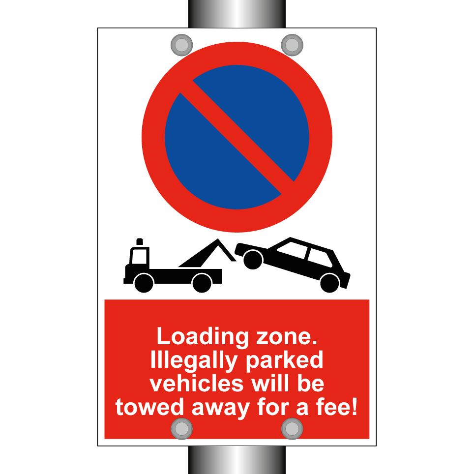 Loading zone. Illegally parked vehicles will be towed away for a fee!