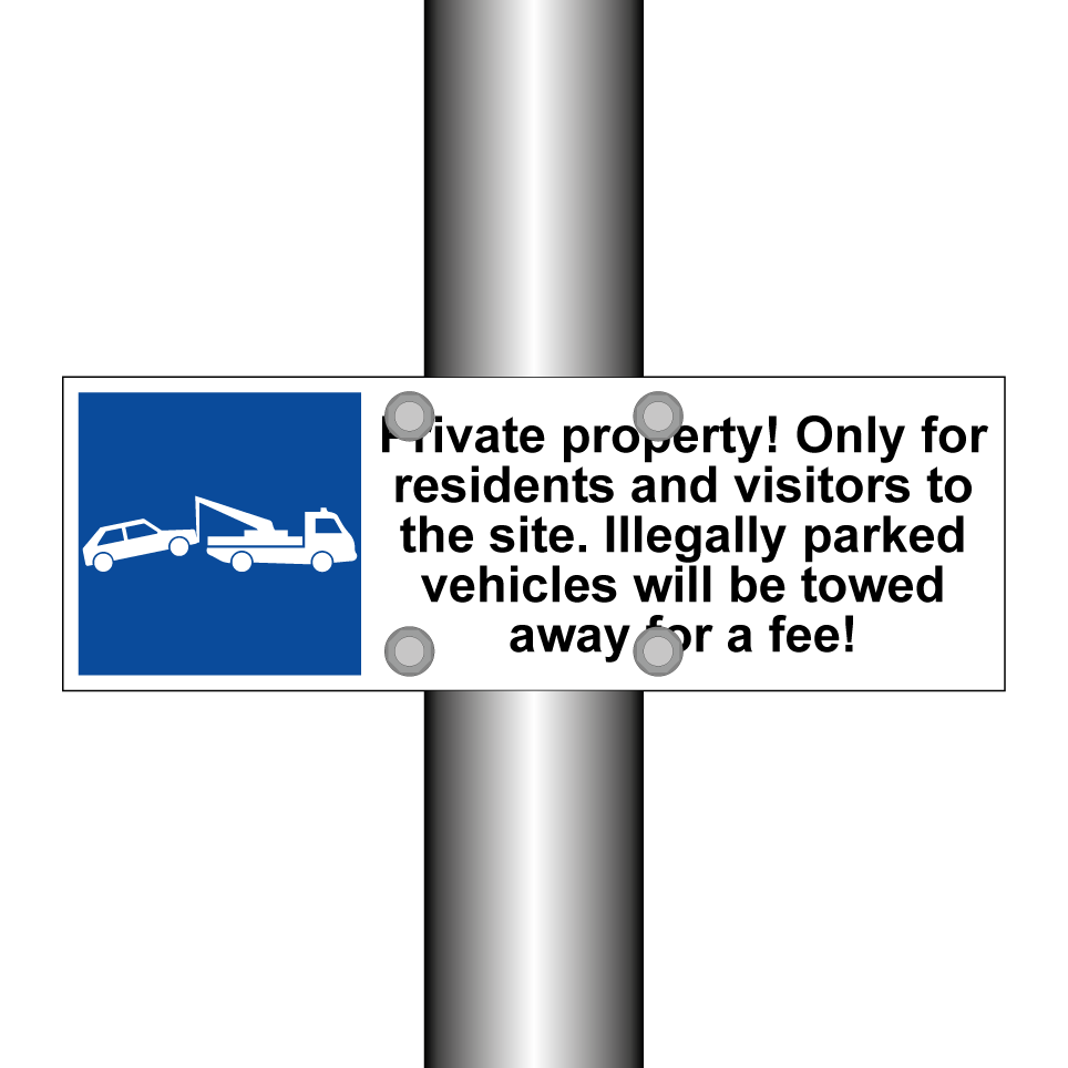 Private property! Only for residents and visitors to the site. Illegally parked vehicles will be towed away for a fee!