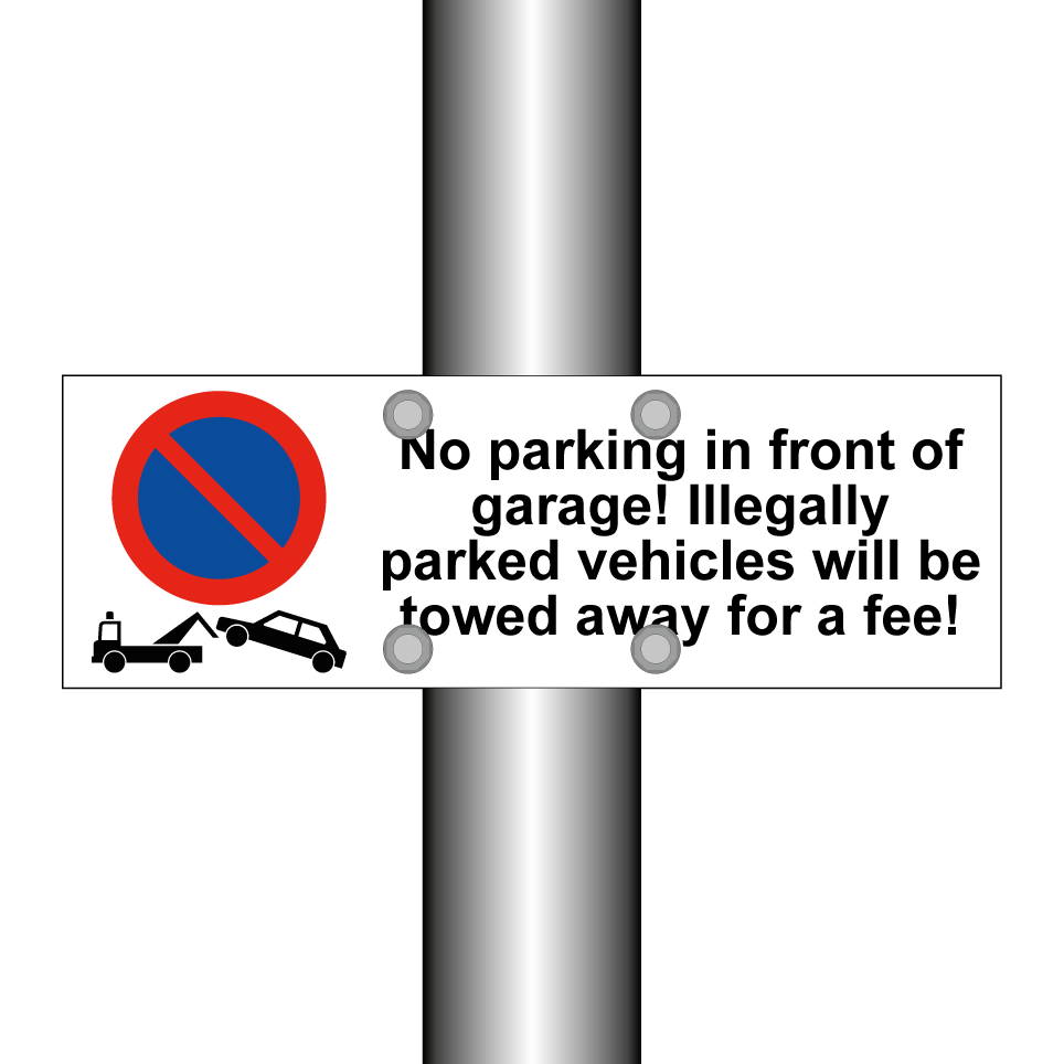 No parking in front of garage! Illegally parked vehicles will be towed away for a fee!