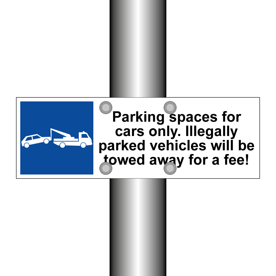 Parking spaces for cars only. Illegally parked vehicles will be towed away for a fee!