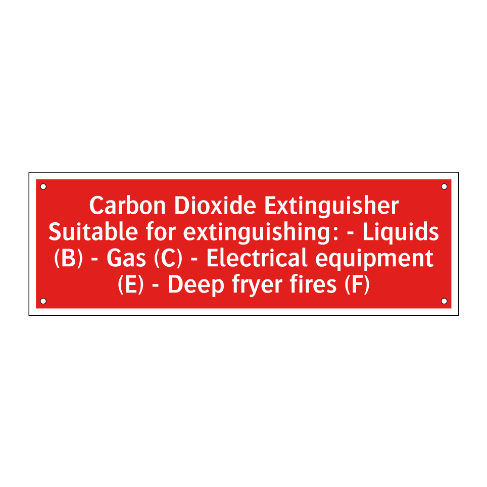 Carbon Dioxide Extinguisher Suitable for extinguishing: - Liquids (B) - Gas (C) - Electrical equipment (E) - Deep fryer fires (F)