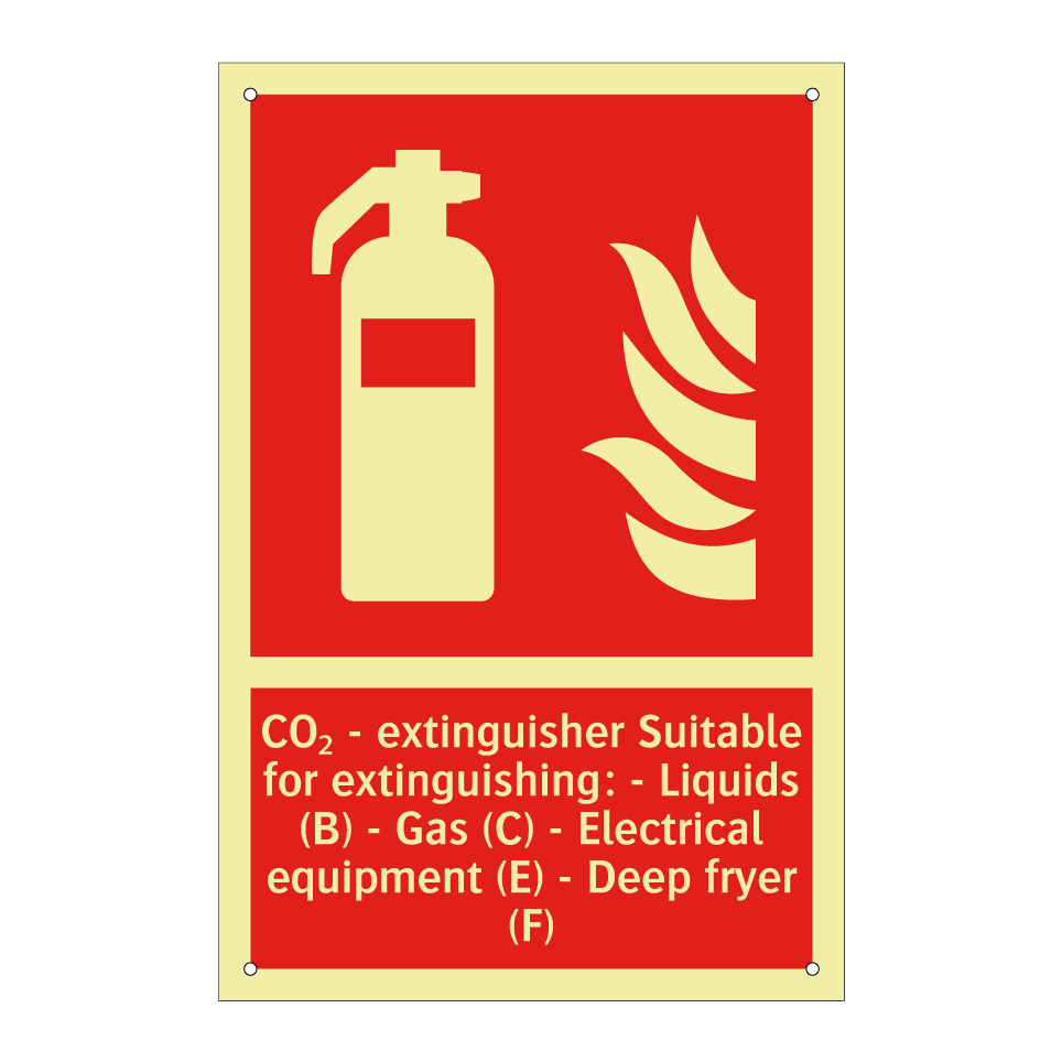 CO₂ - extinguisher Suitable for extinguishing: - Liquids (B) - Gas (C) - Electrical equipment (E) - Deep fryer (F)
