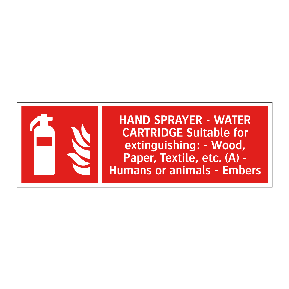 HAND SPRAYER - WATER CARTRIDGE Suitable for extinguishing: - Wood, Paper, Textile, etc. (A) - Humans or animals - Embers