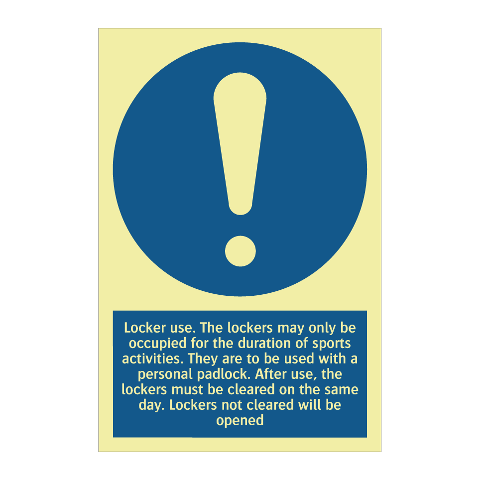 Locker use. The lockers may only be occupied for the duration of sports activities. They are to be used with a personal padlock. After use, the lockers must be cleared on the same day. Lockers not cleared will be opened