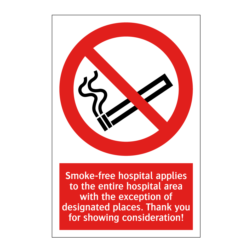 Smoke-free hospital applies to the entire hospital area with the exception of designated places. Thank you for showing consideration!