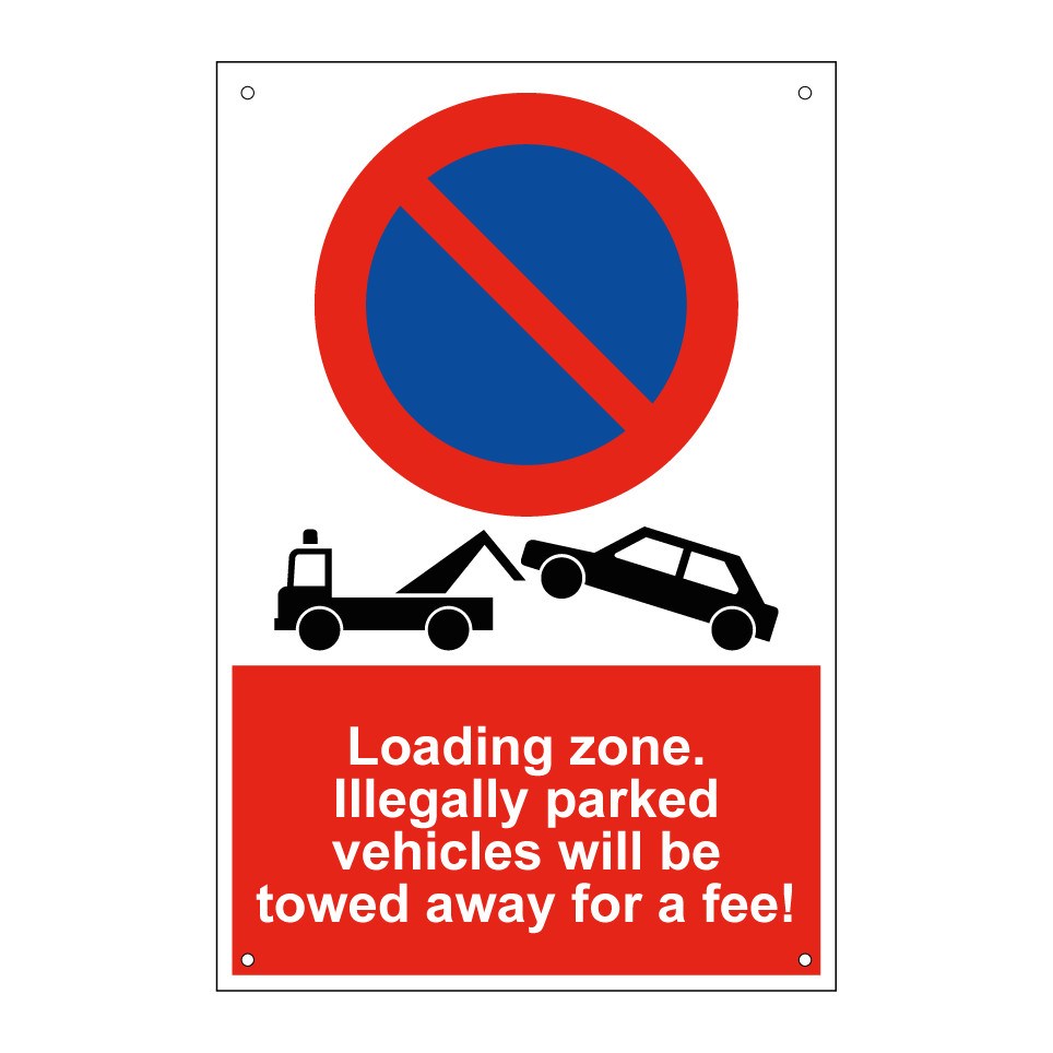Loading zone. Illegally parked vehicles will be towed away for a fee!