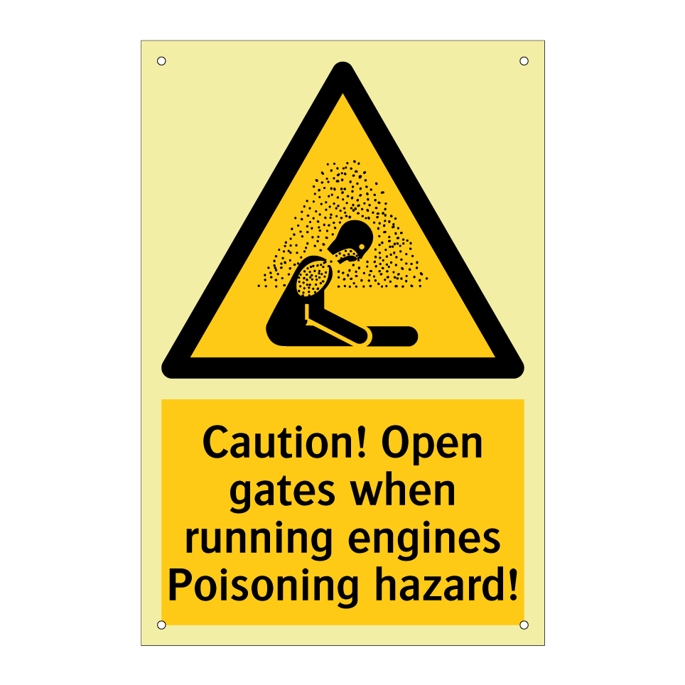 Caution! Open gates when running engines Poisoning hazard!