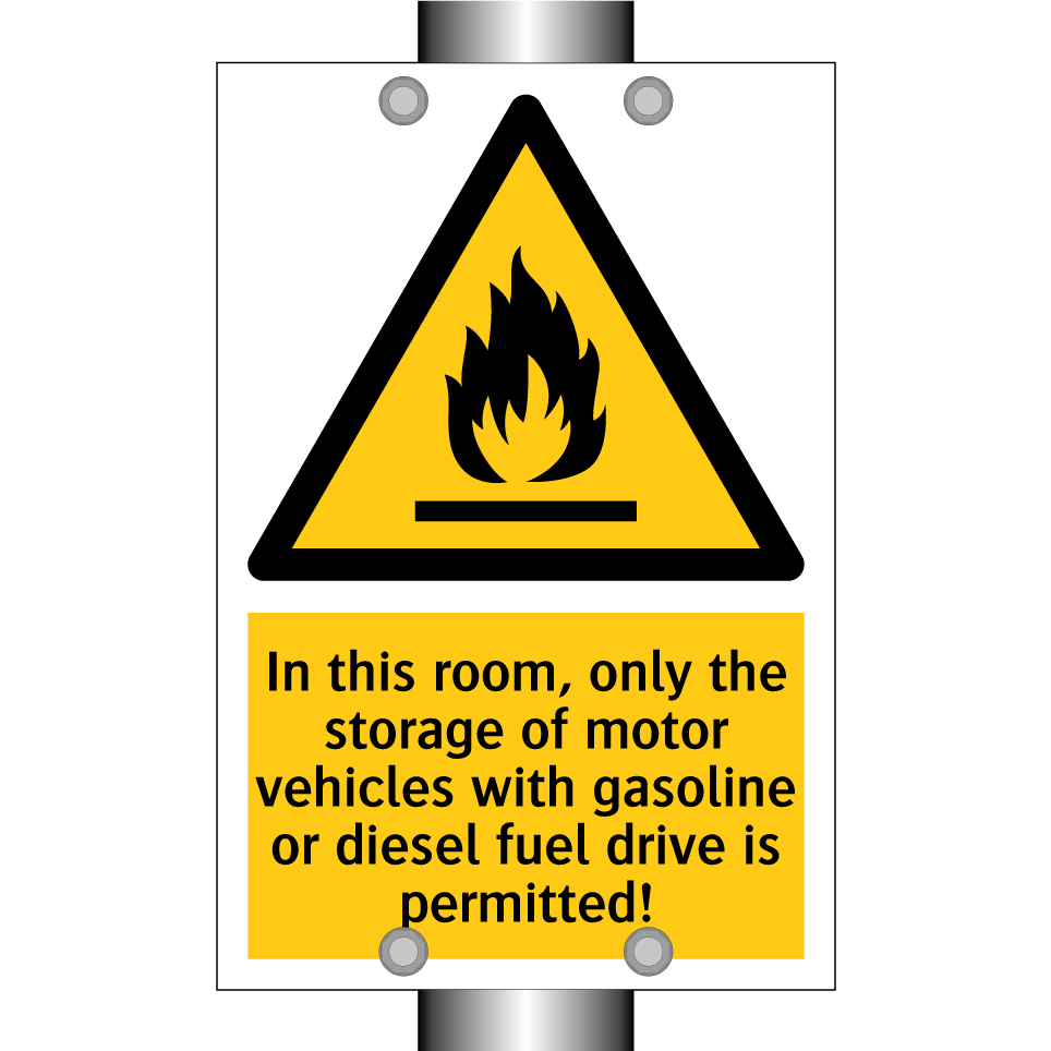 In this room, only the storage of motor vehicles with gasoline or diesel fuel drive is permitted!