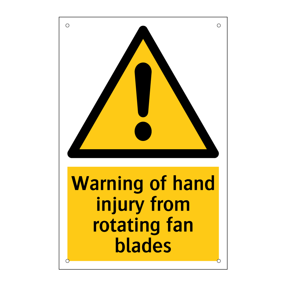 Warning of hand injury from rotating fan blades