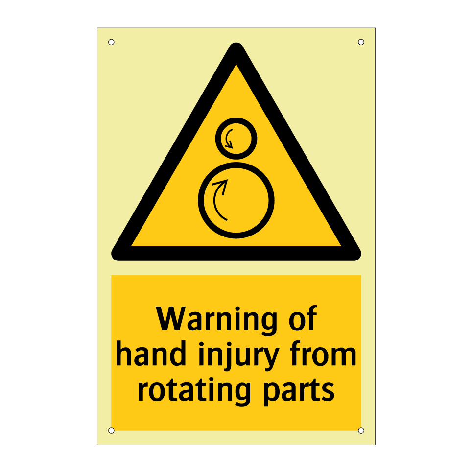 Warning of hand injury from rotating parts