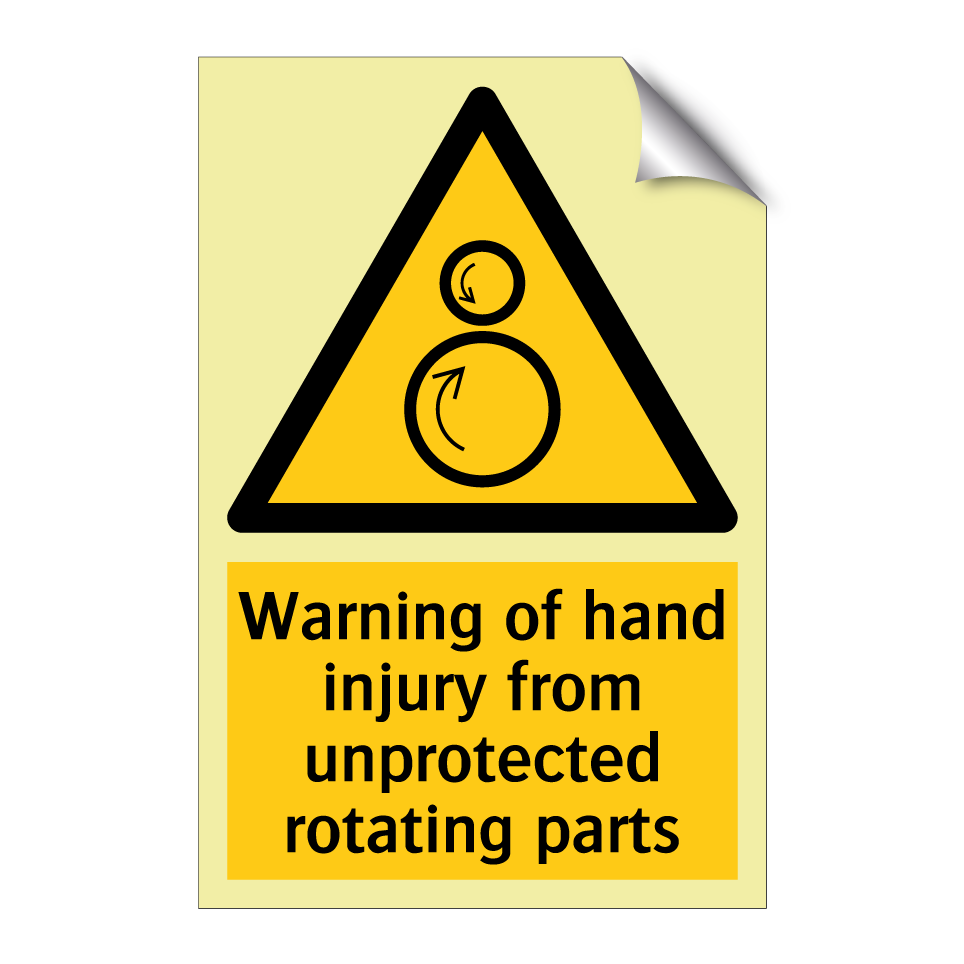 Warning of hand injury from unprotected rotating parts