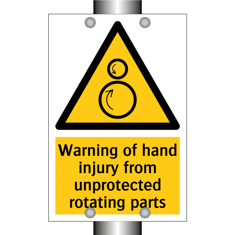 Warning of hand injury from unprotected rotating parts