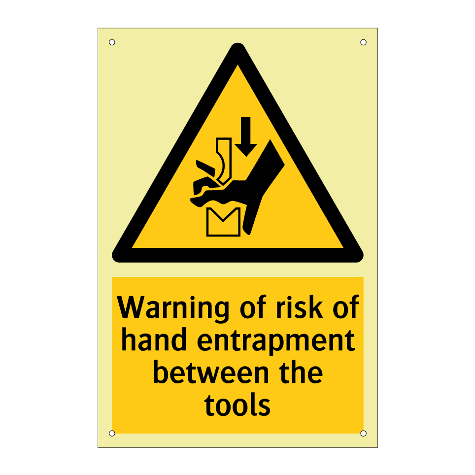 Warning of risk of hand entrapment between the tools