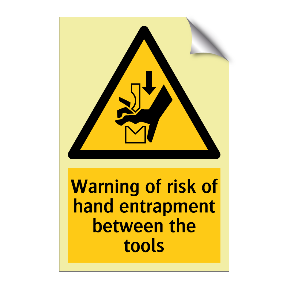 Warning of risk of hand entrapment between the tools