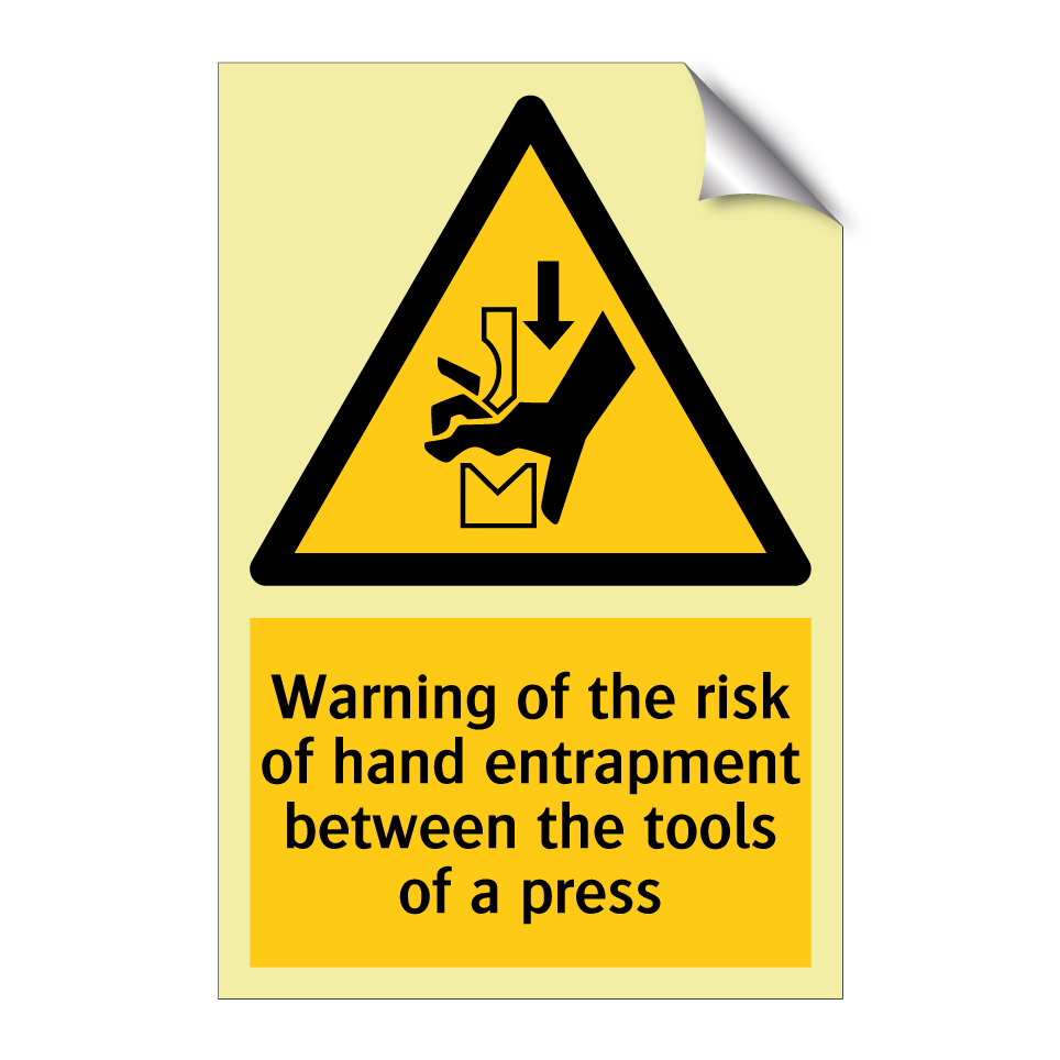 Warning of the risk of hand entrapment between the tools of a press