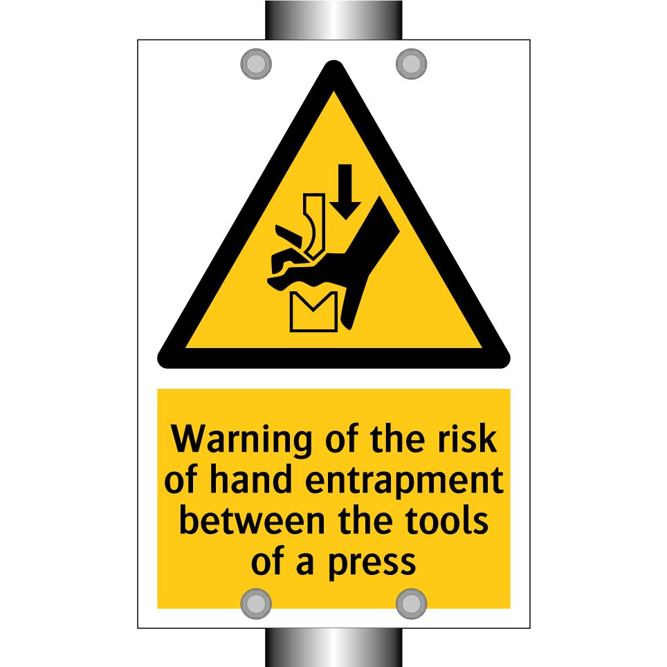 Warning of the risk of hand entrapment between the tools of a press