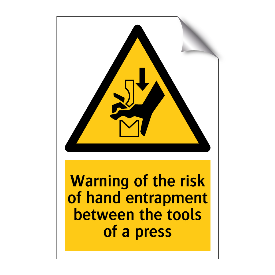 Warning of the risk of hand entrapment between the tools of a press