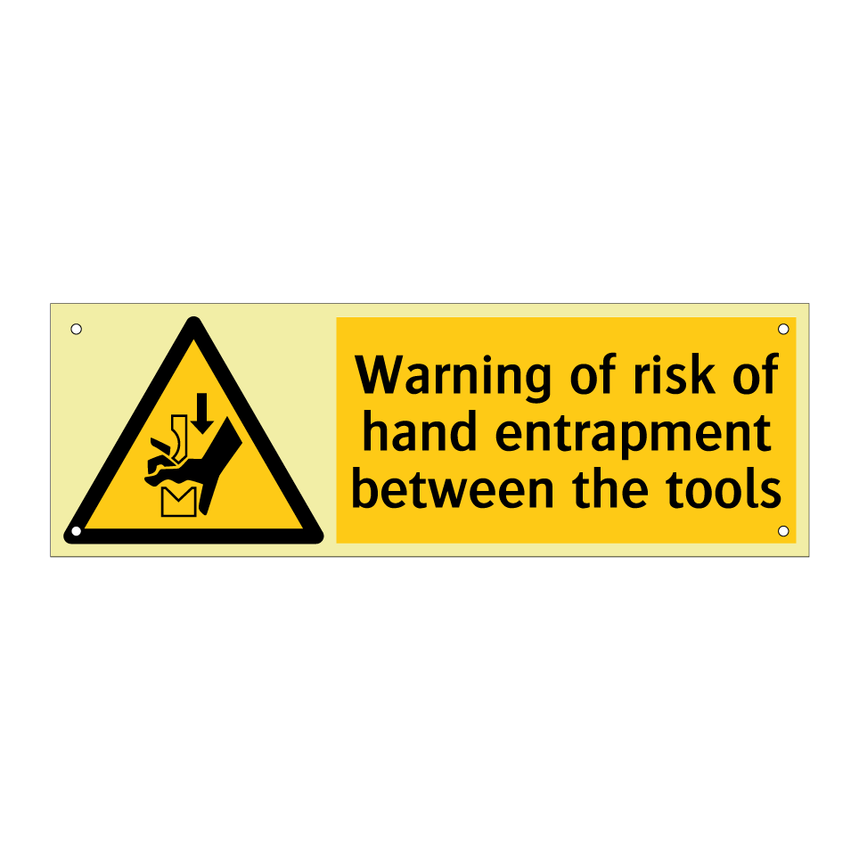 Warning of risk of hand entrapment between the tools