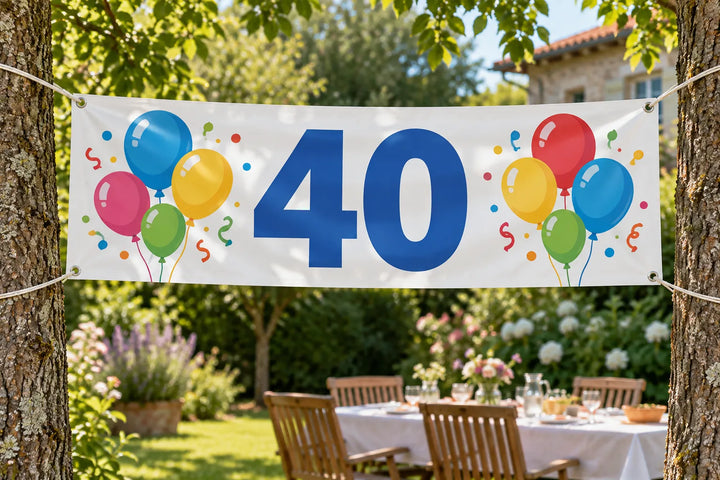 Birthday banner with number 40 at a garden party