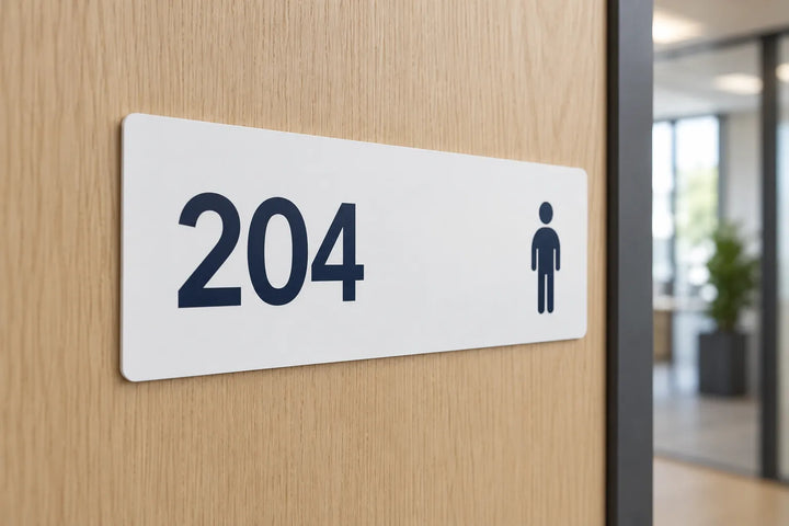 White PVC door sign with room number 204 on an office door