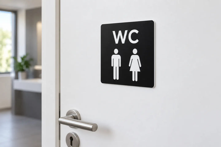 Black PVC WC toilet sign with pictograms on a door